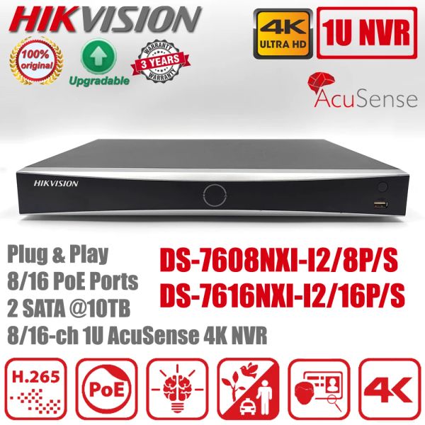 Intercomo hikvision ds7608nxii2/8p/s ds7616nxii2/16p/s 8/16ch Poe Portas 4k H.265+ 2Sata Acusense NVR Recorder de rede de rede NVR