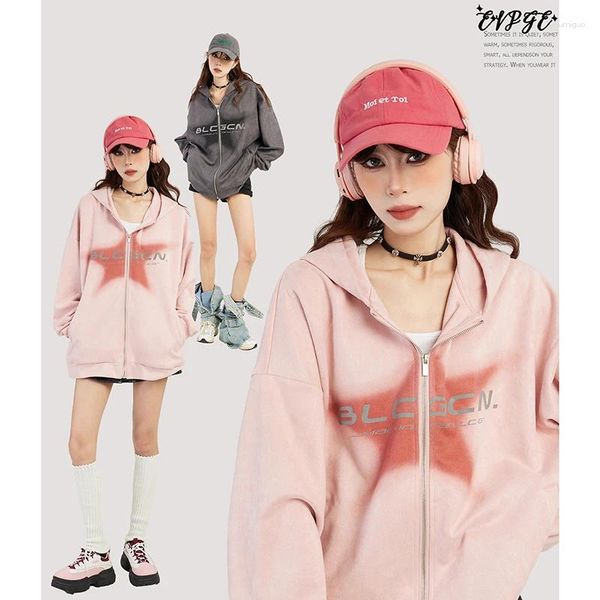 Damen Hoodies Pink Hoodie Frauen Herbst Winter Y2K Mode Samt Langarm Lose Sweatshirt Vintage Casual Chic Reißverschlüsse Strickjacken