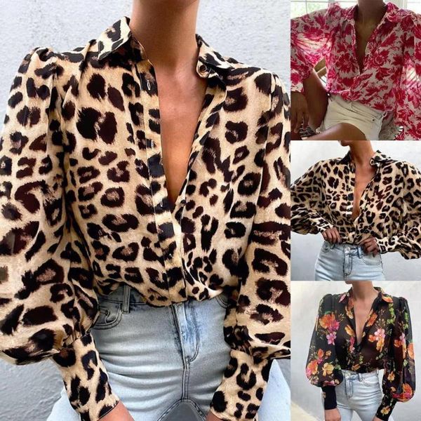 Camicette da donna girare girare camicia da donna con spalla a pelo a piattaforma per le lanterna leopardo floreale stampato vintage abbigliamento