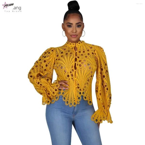 Blusas femininas pulabo y2k elegante manga comprida Hollow out malha de malha de renda pura ver através de roupas de blusa de topo camisetas africanas