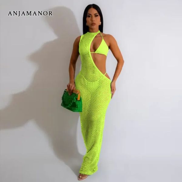 Set anjamanor set bikini da 3 pezzi con cover di mesh finita abiti da vacanza estiva sexy verde per donne d29cf27