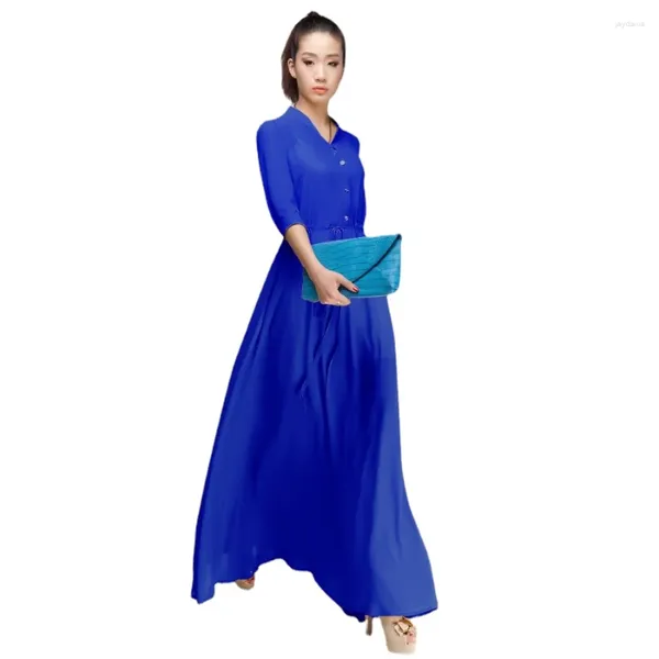 Lässige Kleider SD54 2024 Hochwertige maßgeschneiderte Frauen elegante blaue Farbe Langarm Chiffon Maxi Kleid muslimische Kleidung Frauen Abaya