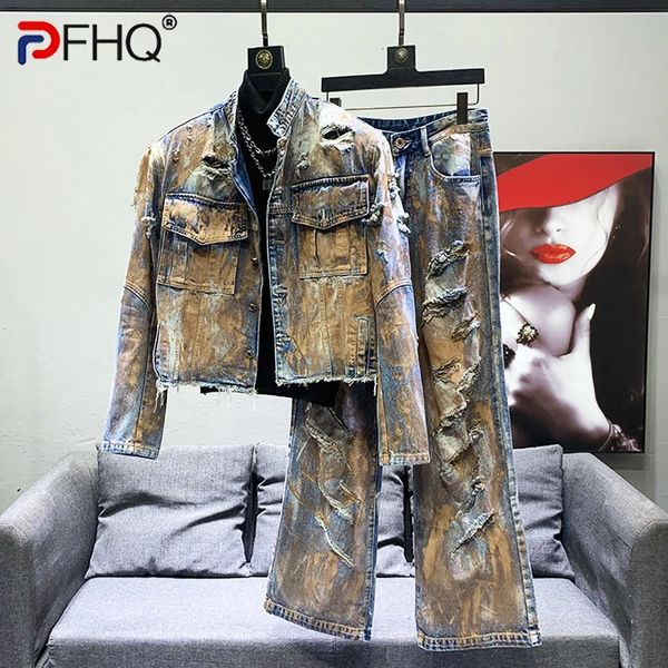 Pfhq streetwear giacche di jeans maschio set pesante industria logora di alta qualità versatile raw edge jeans autunno 21Z2929 240415