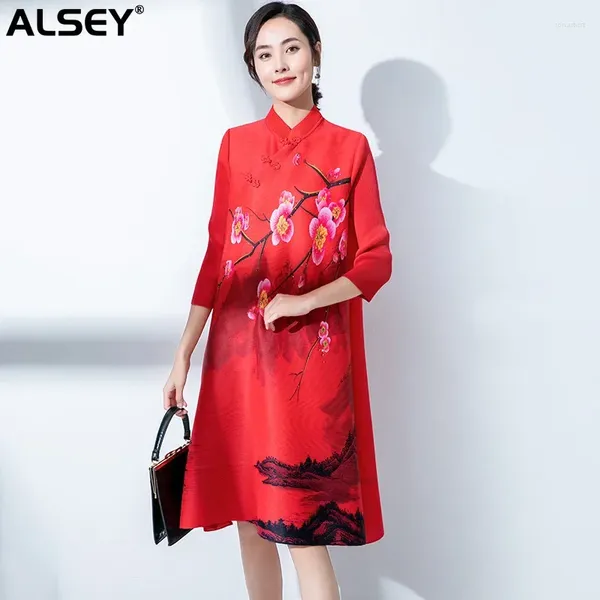 Abiti casual Alsey Miyake Stampato Stampato Spring Women Cinese Autunno Plate Autunno Tinto Stamping Abito da perforazione