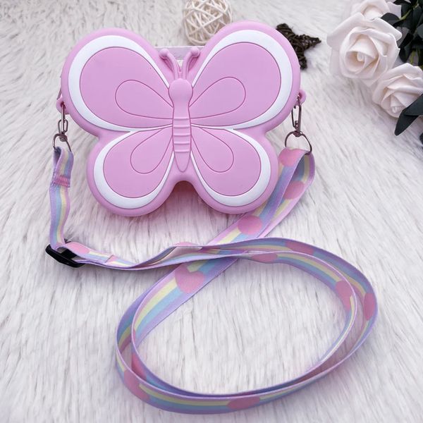 Cartoon Butterfly Crossbody Bag Kids Silicone Pouph Bolsa de ombro Satchel Girls Purse Lindas Bolsas de Animal de Animal 240424