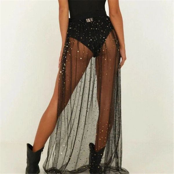 Cover-up Ladies Sommer Paillette Split Laceup Badeanzug Bluse Plus Größe Strandbekleidung glänzender Sarong-Rock Schwarz sexy Mesh Bikini Strandkleid