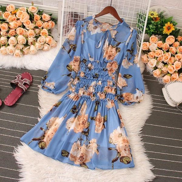 Abiti casual Boho Summer Dress for Women Women Floral Stampato a maniche lunghe signore lunghe ginocchiere femminile a scollo-up a-line Vestidos Dropship