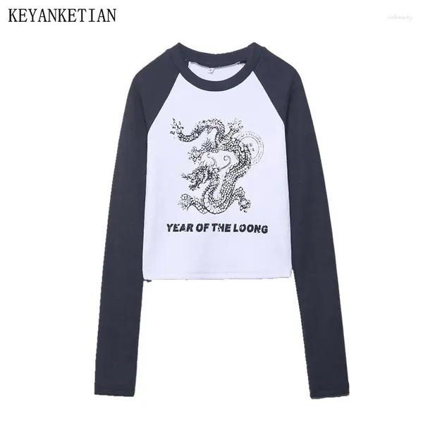 Frauen T-Shirts Keyanketian 2024 Start Animaldruck Langarmed T-Shirt American Retro Spring Mischt enge Pullover kurzer Top