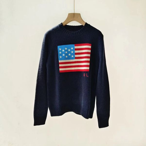Suéter de lã feminina de grife, bandeira americana de manga longa de manga longa, bandeira de alta qualidade Sweater Sweater Design versátil elegante