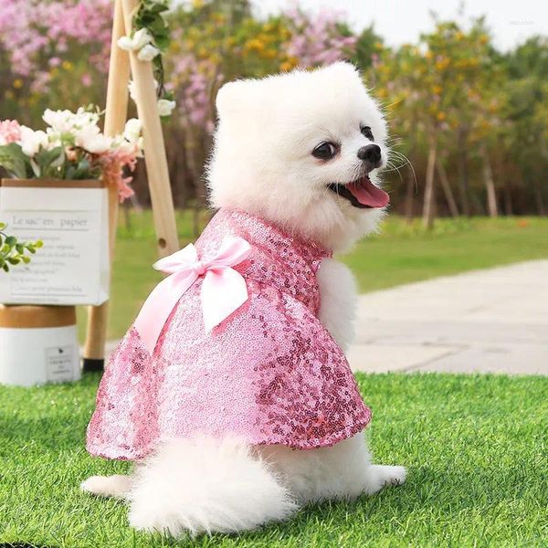 Vestido de vestuário de vestuário de vestido de verão lantejoulas de gato com bowknot para cães pequenos saia princesa casamento yorkies roupas