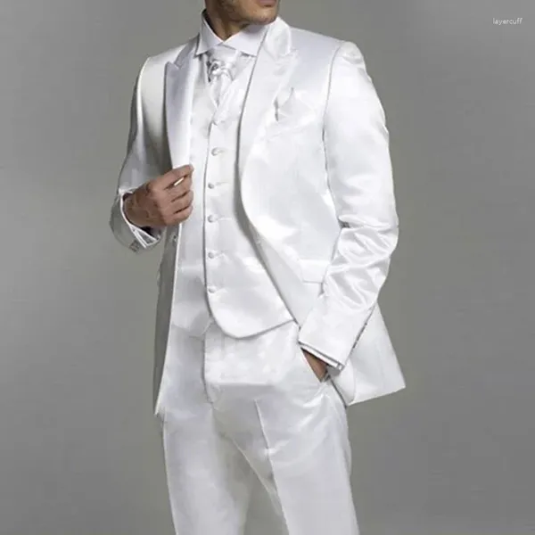 Erkekler Suits Beyaz saten Erkekler Düğün Damat Smokin Tepesi Tepeli Yaku Özel Resmi Adam Takım Set Ceket Yeleği Pantolonlu 2024