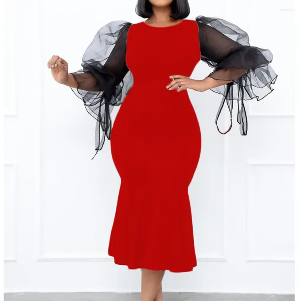 Lässige Kleider D172 Amazon Independent Website Mesh Spleißen Fischschwanz -Kleid Europäische und amerikanische Mode großes Gesäß eingewickelt