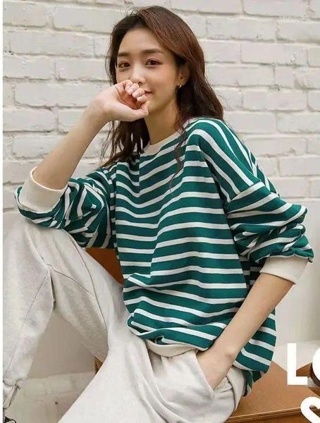 Damen Hoodies Vintage Green Striped Pullover Frauen 2024 Herbst Baumwoll Chic Lose Casual Stripes Sweatshirts weibliche langärmelige Tops