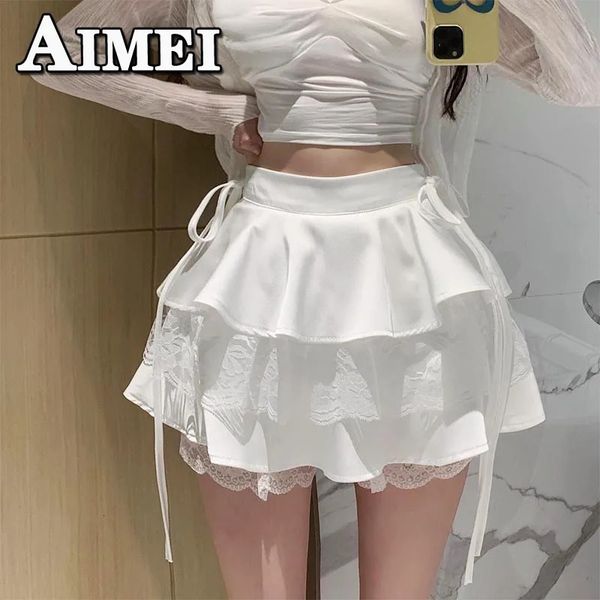 Damen Y2K Kleidung Sommer weißer Rüschen Minirock Spitze Patchwork süße hohe Taille Sexy Aline Short Rocks Koreanischer Stil 2023 240426