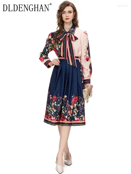 Vestidos de trabalho Dldenghan Autumn Flower Print Suit Women Lace-up Salia de camisa de peito único Salia vintage Designer de moda de duas peças