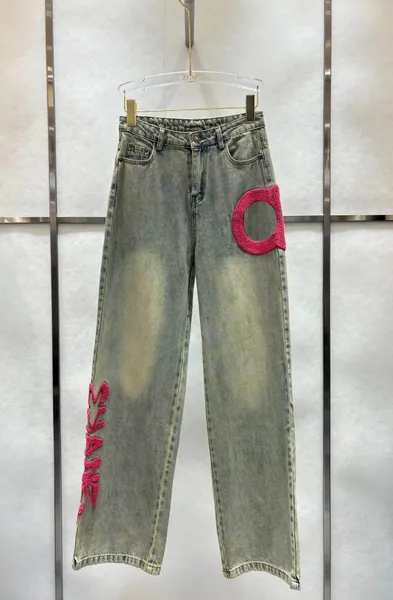 Nuova Fashion 2024 Wash Denim Lettera di ricamo a gamba larga pantaloni da donna ad alta vita in vita casual jeans lunghi streetwear