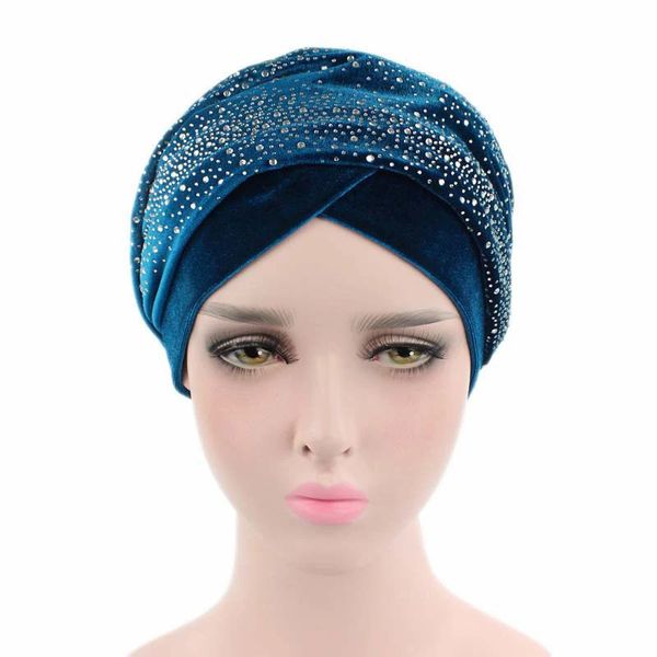 Shinestone veludo lenço muçulmano hijab pronto para usar as tampas de turbante chapéu africano womens head draps fêmea lenço de cabeceira feminina 240416