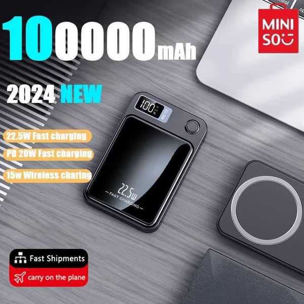 Cell Power Banks Miniso 2024S New 100000mAh Wireless Power Pack Pack Magnetic Qi Ultra-Fhin Power Pack Pack C-Type Mini Fast Charger J240428