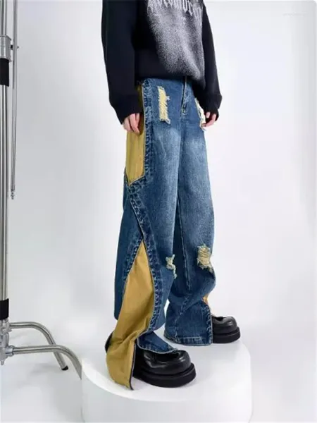Erkekler Kot 2024 Karışım Renk Kontrast Tasarımı Gevşek Düz Tüp Moda Yıkama Vintage Fermuar Bölünmüş Uzun Pantolon