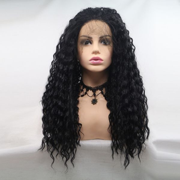 Africano Black Lace Hair Hair Hair Longo Capuz Europeu e Americano Pessoas com Cabelos Curiados Diário Cinzento Cinzentos Químicos Fibra Química de Alta Tremperatura Cabeça de peruca de seda