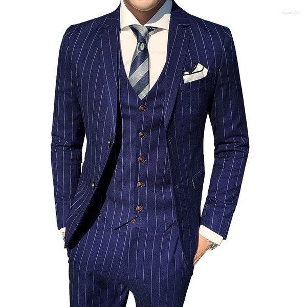 Herrenanzüge 3 PCs Jacke Hosen Weste Anzug Set / Gentleman Slim Fit Stripe Blazers Mantelhosen Taille männliche Hochzeitskleid Groomsmen Kleidung