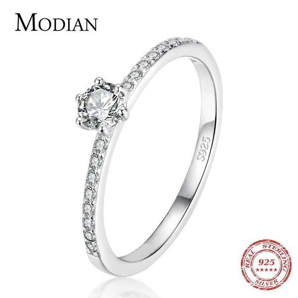 Bandringe Modian Massiv 925 Sterling Silber Einfache runde transparente CZ -Ring für Frauen und Mädchen geeignet.Cassic Hochzeitserklärung exquisiter Schmuckgeschenke Q240427