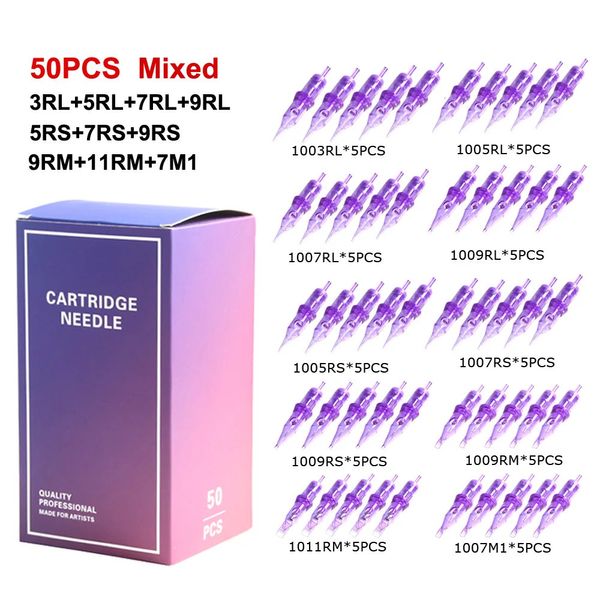 50pcs Karışık Güvenlik Dövme Kartuşları Tek Kullanımlık Sterilize Kartuş Dövme Makinesi İğneleri 3RL 5RL 7RL 9RL 5RS 7RS 9RS 9RM 7M1 240418