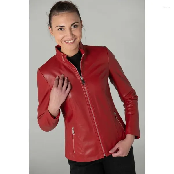 Jackets femininos garotas genuínas de camisa de couro vermelha de pele de alta qualidade genuína