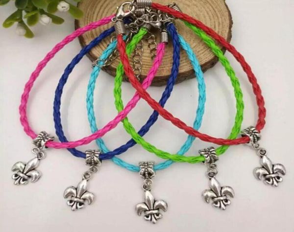 20 PCS lote antigo prata fleur de lis dangle pingente de contas misto colorido couro trançado corda pulseiras jóias femininas A11861013833