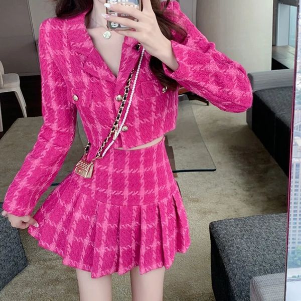 Herbst kleiner Duft Plaid Tweed Rockanzug Frauen Single Breasted Rose Red Short Jacket Mantel Falten Mini 2 Stück Set 240425