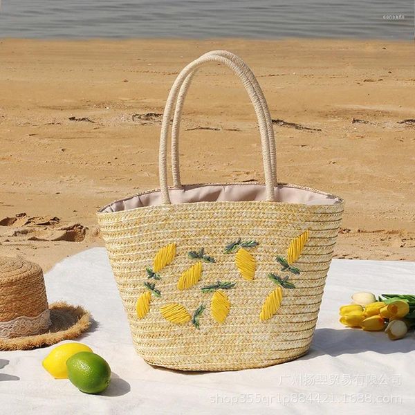 Omuz çantaları gündelik işlemeli limon sepet sepet çanta kağıt dokuma kadın çanta el yapımı yaz plajı büyük tote bali çantalar