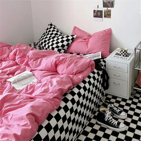 Set di biancheria da letto in stile principessa set neri rosa ins solido colore piumino cover foglio letto morbido per ragazze single lettiere completo