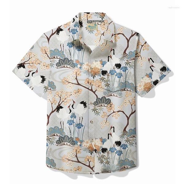 Herren lässige Hemden Herren Designer Hawaii Kurzarm Modetree Streetwear Chinesischer Stil rotkraut Kraniche Druck HipHop Blusen Kleidung