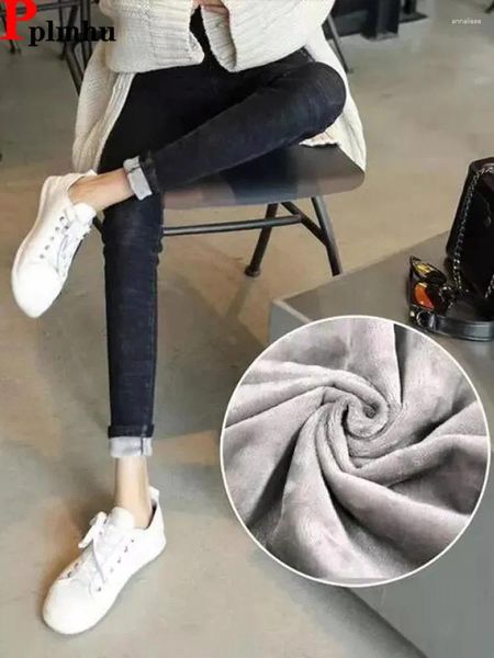 Jeans femminile peluche invernale foderato magro oversize vintage addensare pantaloni a matita caldi vaqueros neri industria neve casual kot pantolon