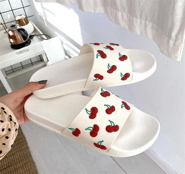 Летние слайды женские тапочки мультфильм 3D вишня толстый нижний пляжный пляж повседневный нельзя ванная комната сандалии девочек обувь Zapatillas Mujer 2104878721