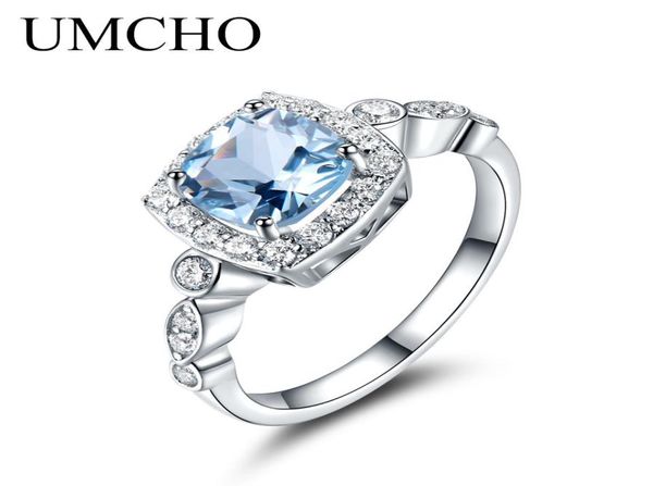 UMCHO Real S925 Anelli in argento sterling per donne Blu Topaz Anello gemma gemma Aquamarine Cuscino Regalo Ramante Gioielli di fidanzamento Regalo C09242815138