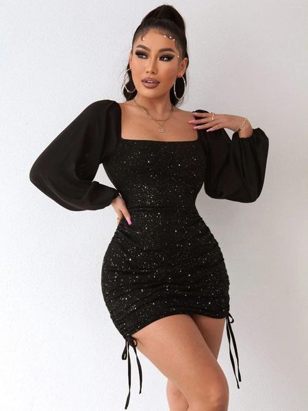 Parti Elbiseleri Yissang Square Boyun Fener Kılıf Çizme Sequin Bodycon Elbise