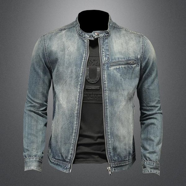 Sonbahar Erkekler Düz Renk Denim Ceketler Moda Motosiklet Kot Ceket Hommes İnce Fit Pamuklu Ceket Kovboy Dış Giyim 240415