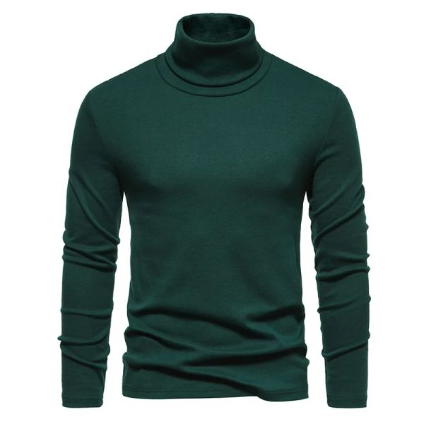 Camisolas verdes de gola alta para homens de manga longa cor sólida pullovers casuais 2023 Novo mass da camiseta leve suave