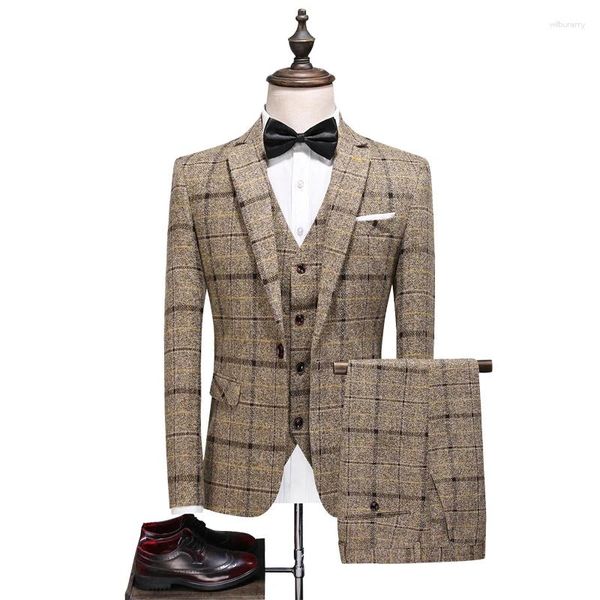 Herrenanzüge Boutique (Blazer Weste Hosen) Mode Business Gentleman Hochzeit lässig Plaid Cotton Leinen Britisch -Stil Anzug 3 Stück