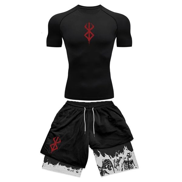 Anime 3D Printed Herrenkompressions -Set Kurzschläfe Fitnessstudio Topworkout Shorts Schnelltrocknen Atemtaster Leichtathletikausschlagsschutz 240425