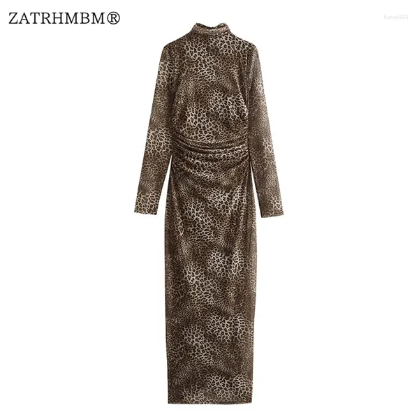 Vestidos casuais zatrhmbm mulheres 2024 Autumn moda animal estampe tule tule tulle vestido vintage o-gola longa manga longa fêmea vestidos mujer