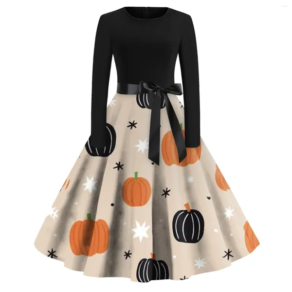 Lässige Kleider Halloween Print Frauen Vintage Langarm O Hals Schwungkleid Robe Femmes Abend Party Kleid Cosplay Kostüm Vestidos