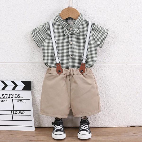 Комплекты одежды Baby Boy Summer Olding Корейская клетчатая клетчатая рубашка с короткими рубашками.