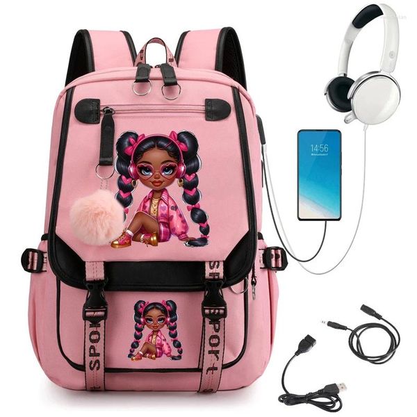 Backpack Beautiful Afro Girl Print Girls School School Sacos de desenhos animados fofos para adolescentes para adolescentes Laptop adolescente