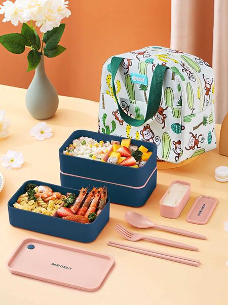 Bento -Kisten geteilte Bento -Box mit Bestecktasche tragbarer Plastik -Lunchbox Mikrowelle Safer Stapelfruchtsalatbehälter