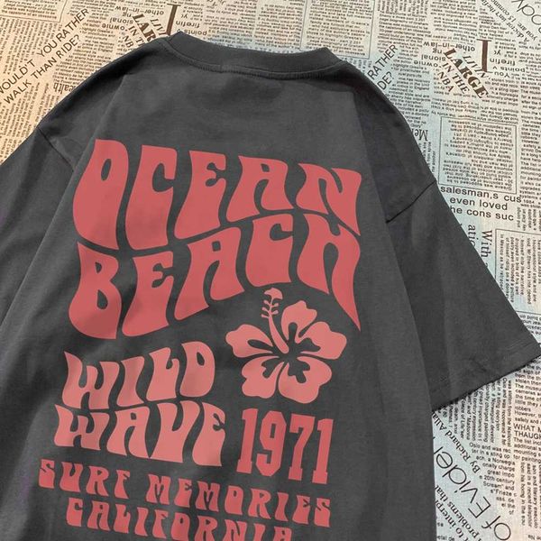 T-shirt maschile Ocean Beach Wild Wave 1971 Surf Memories California Uomini Tops oversize A abbigliamento estivo in cotone Shirt sciolti Shirt casual H240429