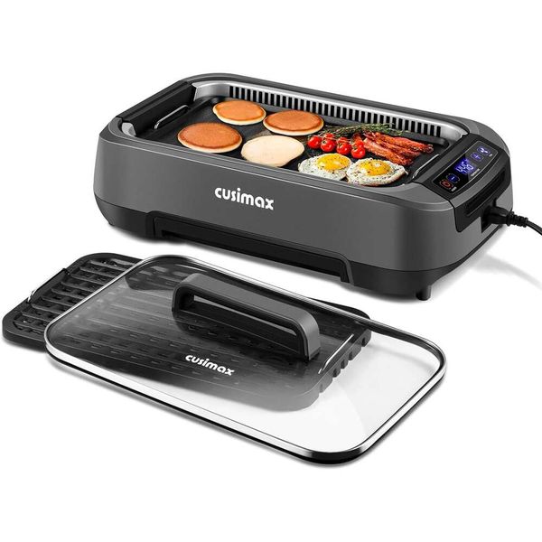 Goditi il barbecue coreano senza fumo interno con grill elettrico Cusimax - display intelligente a LED da 1500 W, piastra a piastra antiaderente, coperchio di vetro facile da pulire e temperato incluso