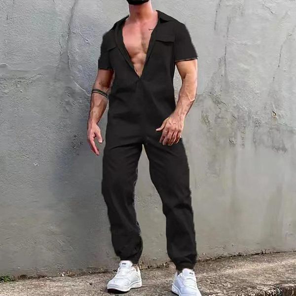 Herrenhose Freizeit Jumpsuit Reißverschluss up Sporthosen Gürtel Overalls Sommeranzug Soild Kleidung für Männer losen Streetwear Hombre