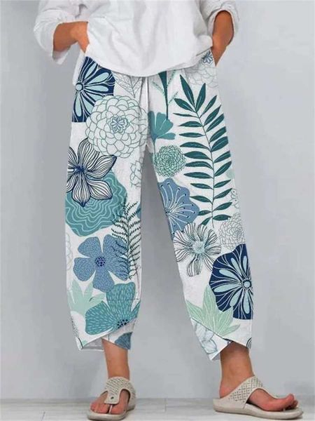 Pantaloni da donna Capris Summer Casual Floral Stampa Donne pantaloni Y2K pantaloni strtwear pantaloni da spiaggia sciolti Donne tasche Capri comodo Pantn Y240429O7N5